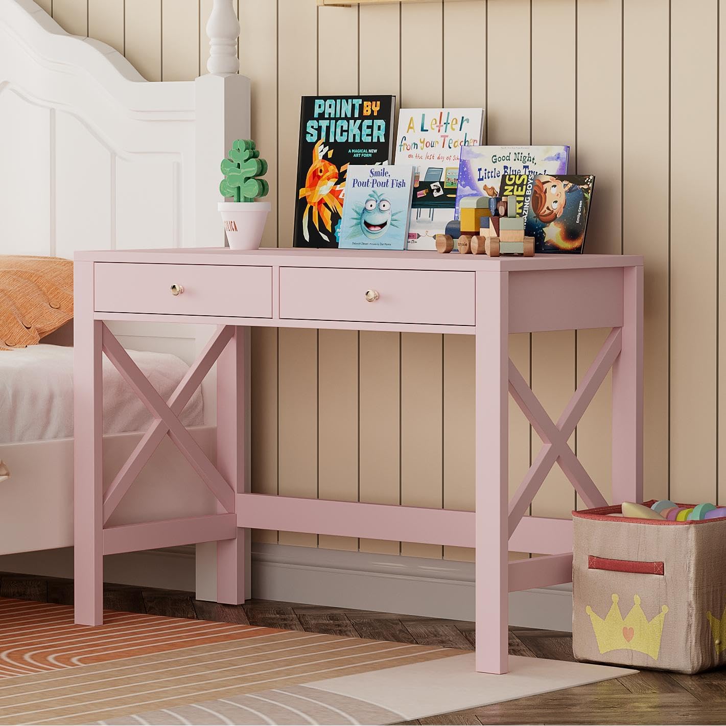 ChooChoo Computer Desk for Home Office, 39 Inches Writing Table with Drawers, Makeup Vanity Console Table, Pink