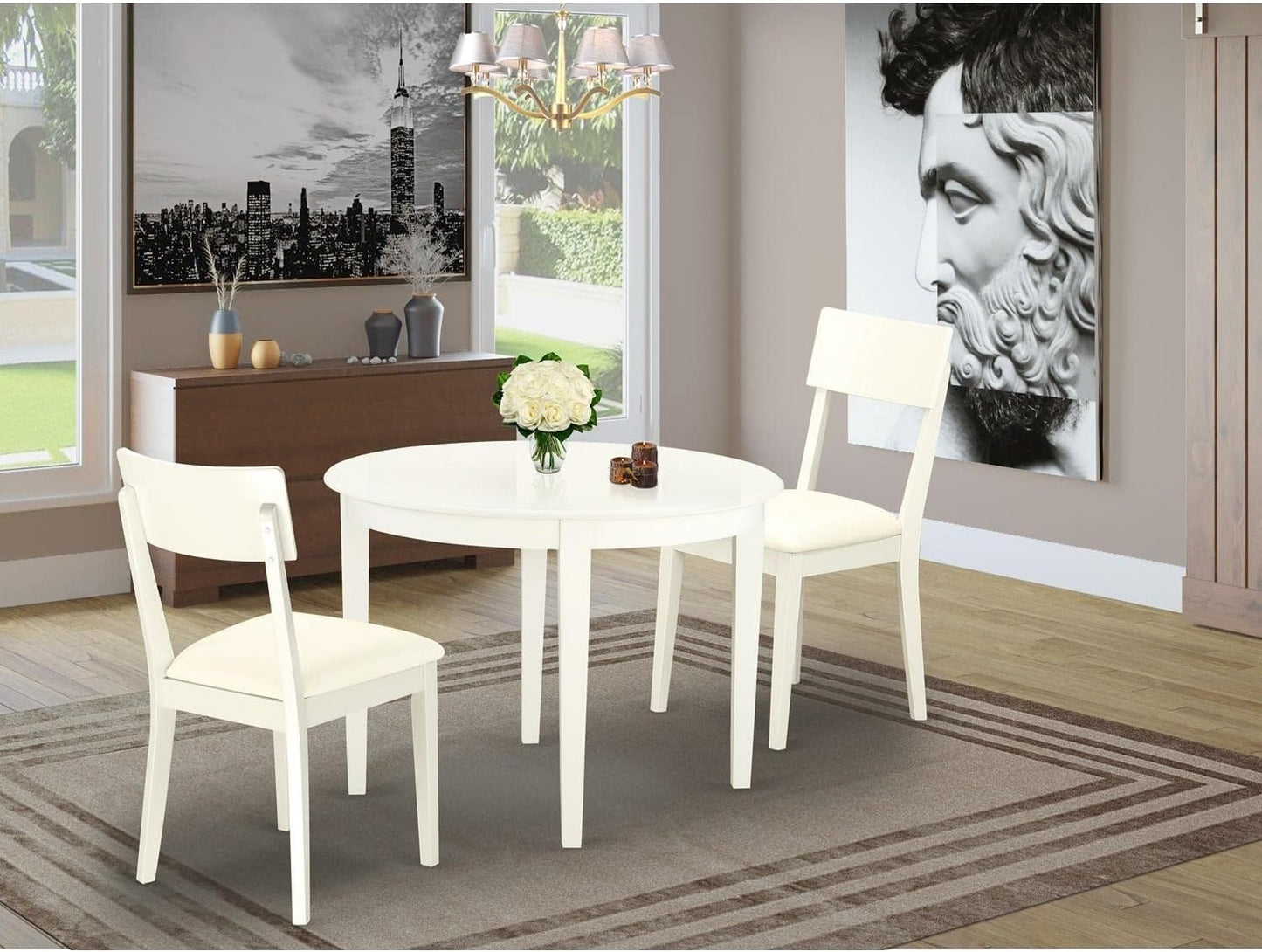 East West Furniture BOAD3-LWH-LC 3 Piece Dining Table Set for Small Spaces Contains a Round Kitchen Table and 2 Faux Leather Kitchen Dining Chairs, 42x42 Inch, Linen White
