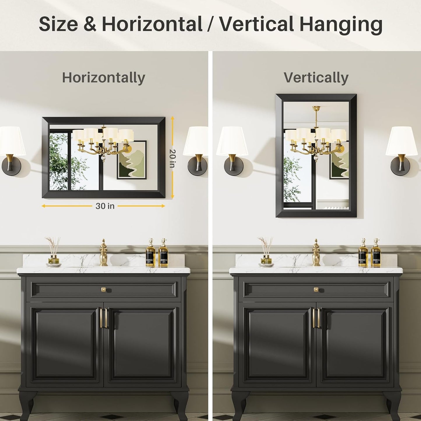 20x30 Inch Black Bathroom Mirror for Wall, Thick Metal Framed Rectangle Mirrors for Over Sink, Bedroom, Living Room, Entryway, Anti-Rust, HD Tempered Glass