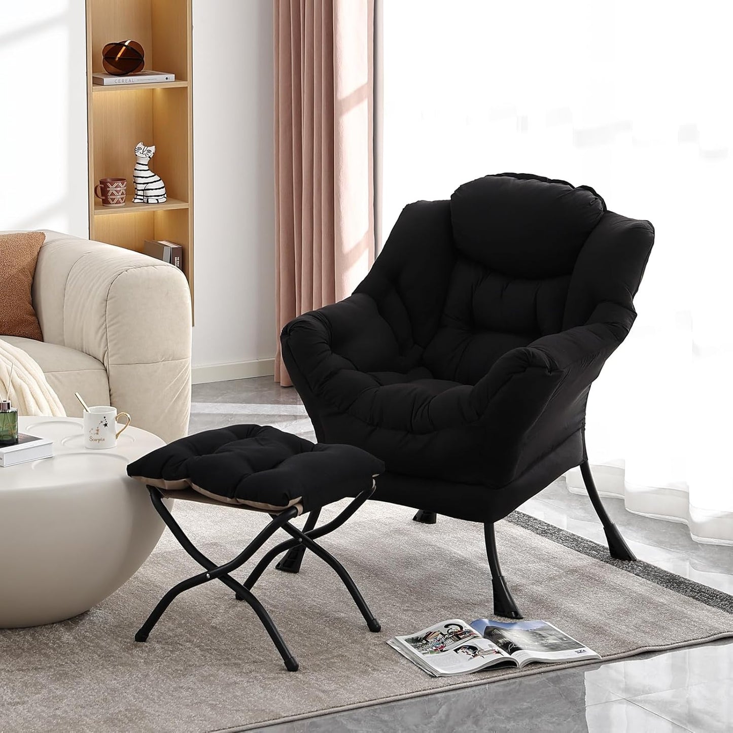 Lazy Chair with Folding Ottoman, Modern Accent Lounge Armchair with Armrests and a Side Pocket & Foldable Footstool, Leisure Reading Chair for Living Room, Bedroom, Dorm & Office, Black