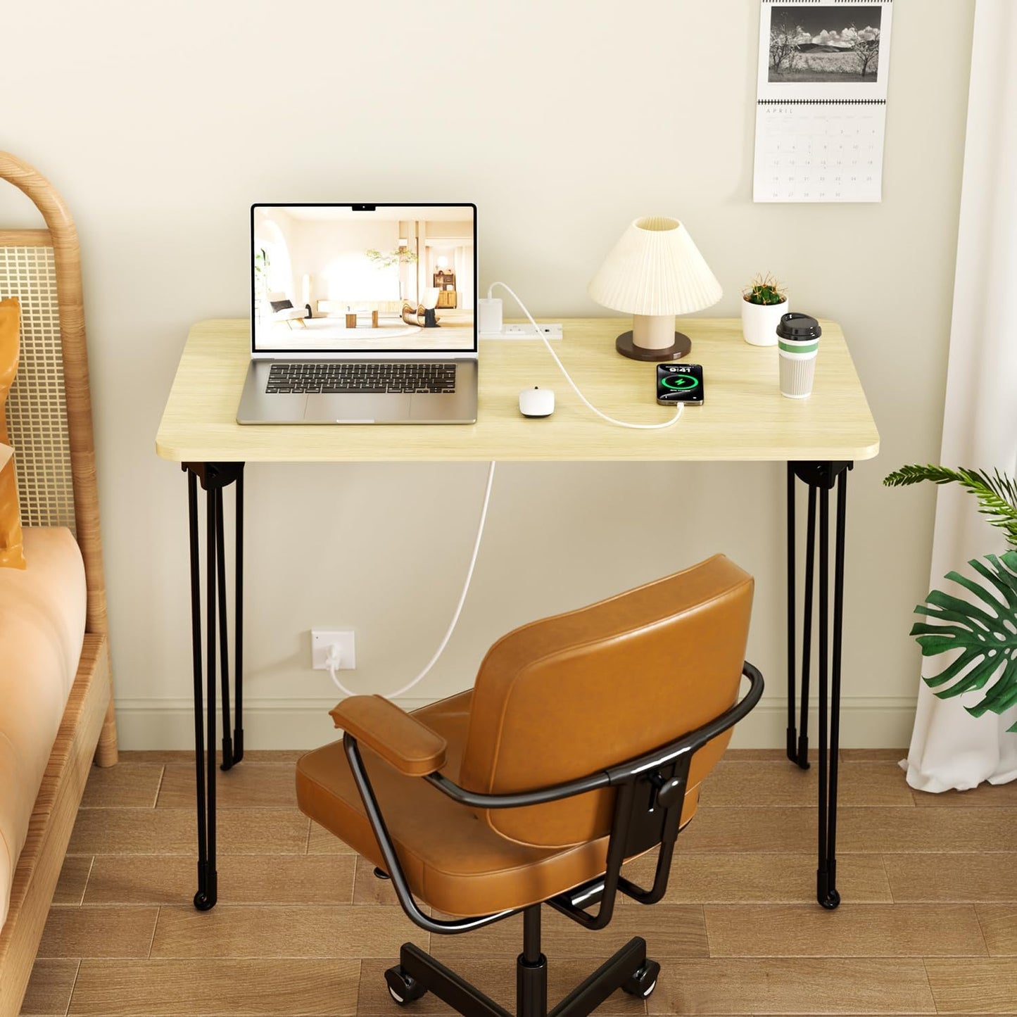 Folding Desk, 31.5" Hairpin Legs Small Desk with Power Strip for Bedroom, Space Saving Foldable Computer Desk for Home Office, No Assembly Need,Beige