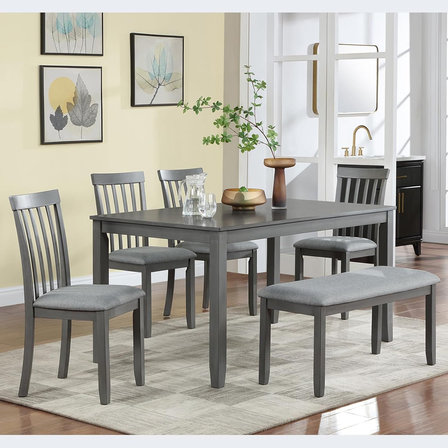 soges 6 Piece Kitchen Dining Table Set, Rectangular Wooden Dining Table with 4 Upholstered Chairs and a Bench for 6 People, Living Room, Home and Kitchen, Grey