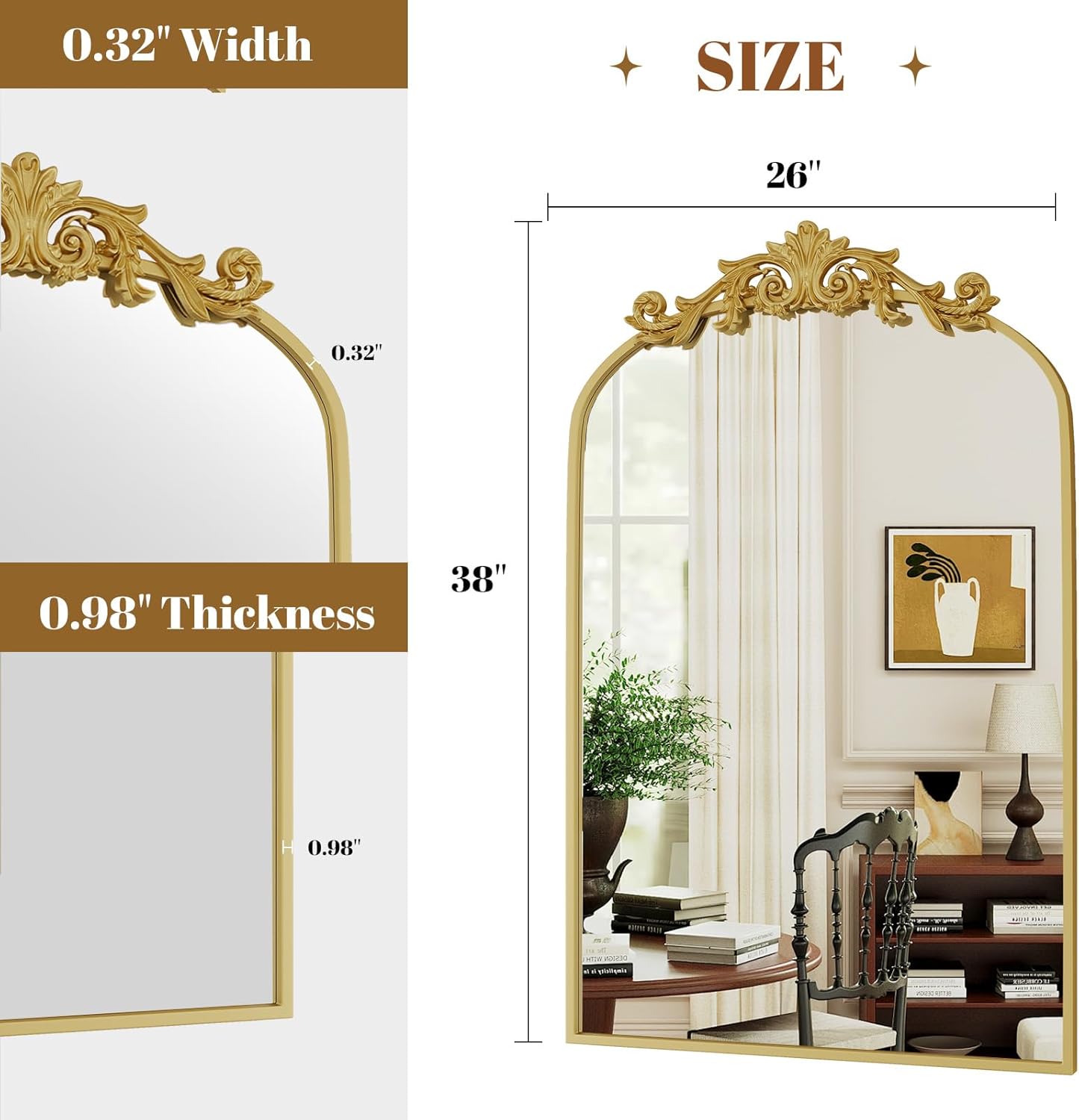 Vintage Arched Wall Mirror, 26x38 inch Retro Arch Bathroom Mirror, Carve Pattern Top Wall Mounted Vanity Mirror with Metal Frame, Bathroom Mirror Hanging or Leaning, Gold