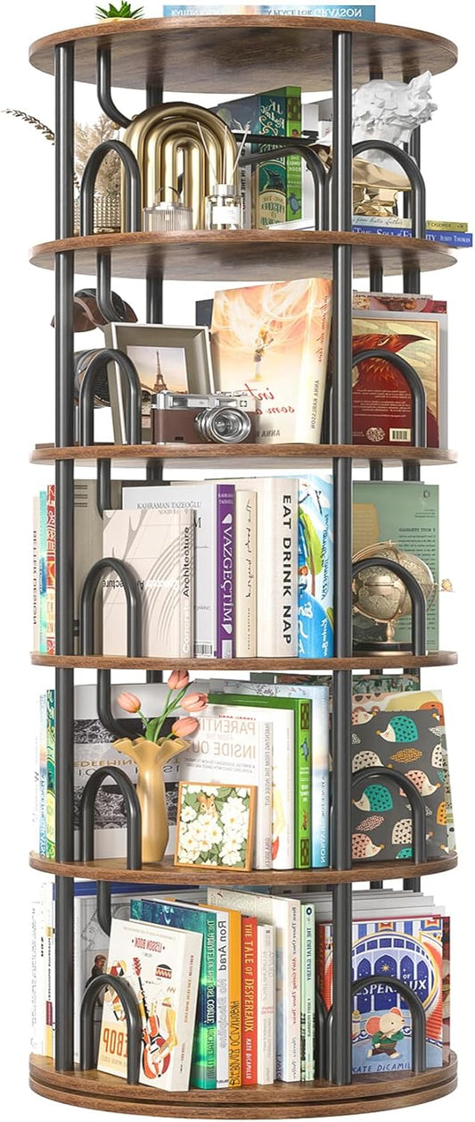Aheaplus 5 Tier Rotating Bookshelf Tower, 360 Display Spinning Bookcase, Revolving Round Book Shelf Narrow Swivel Bookshelf, Vertical Turning Corner Book Organizer for Small Space, Rustic Brown
