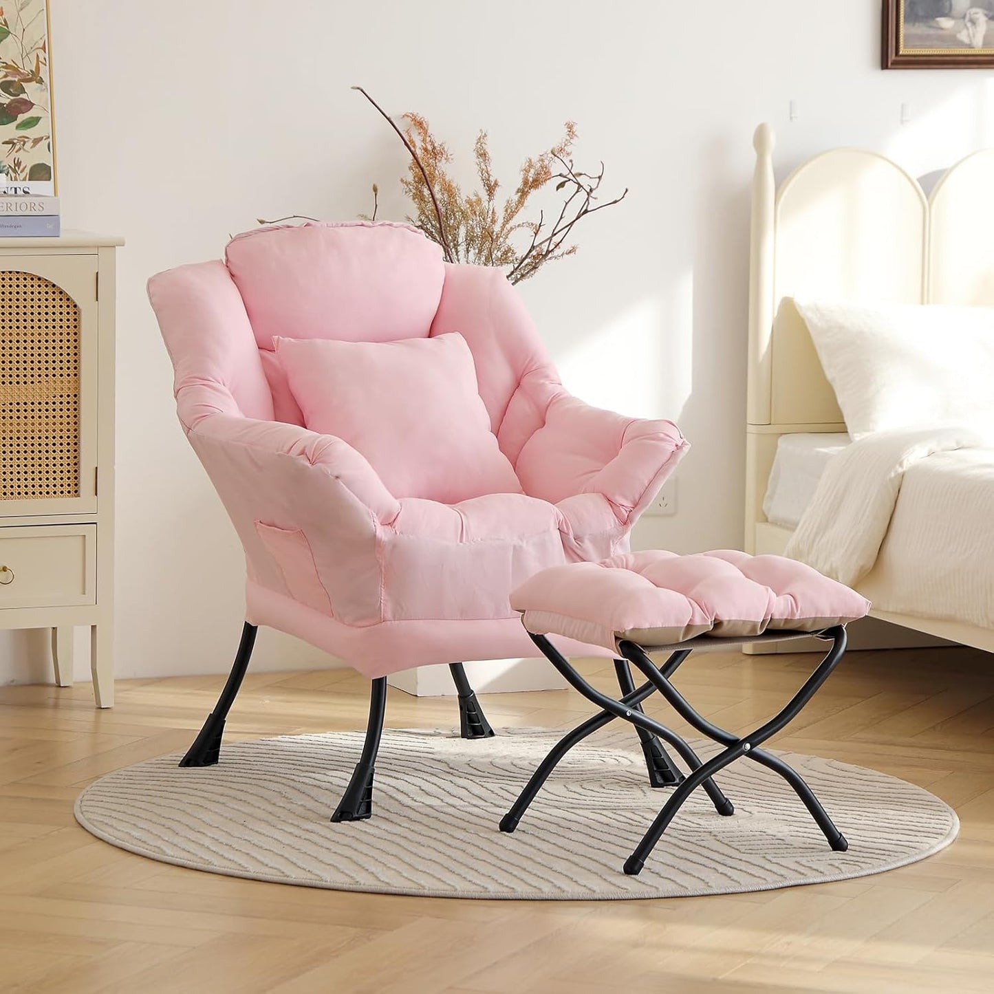 Large Lazy Chair with Ottoman, Accent Reading Chair with a Throw Pillow, Cozy Lounge Armchair, Leisure Sofa Chair for Living Room, Bedroom, Dorm, Peach Pink