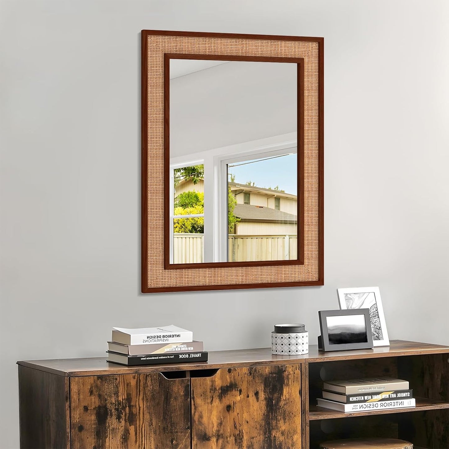 Rattan Wall Mirror with Wooden Framed 24 X 32 inch Farmhouse Rectangle Wood Mirror for Modern Decorative Bathroom, Living Room, Entryway, Bedroom (Walnut)