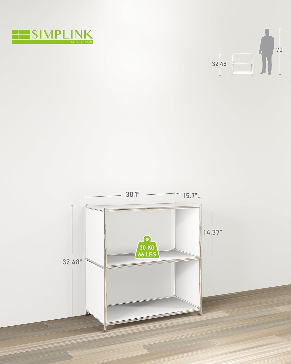 32-Inch 2-Tier Metal Bookcase, Open Shelf Storage Organizer for Living Room, Bedroom, Side Table or Nightstand Use, Modern DIY Assembly, White