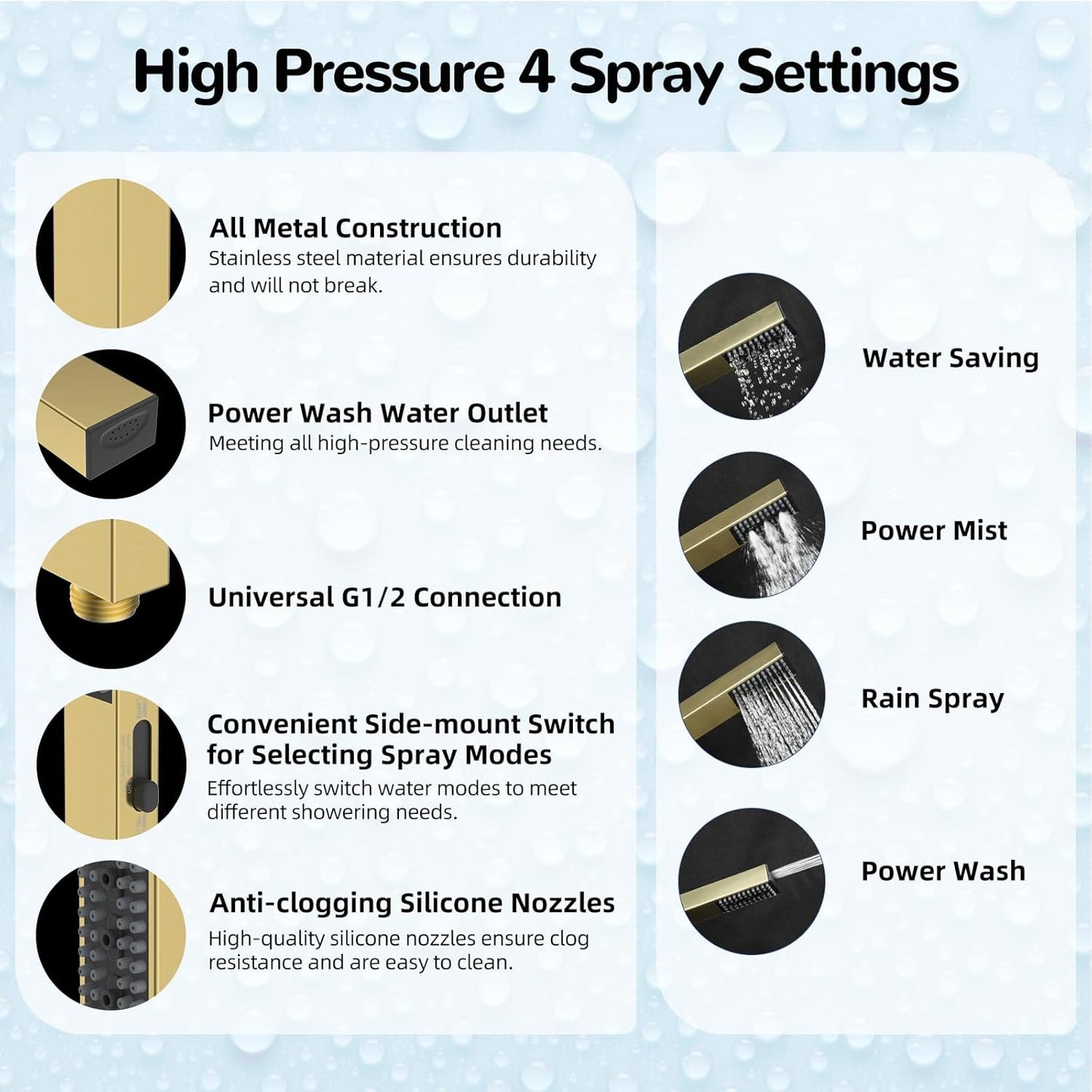 Hibbent All Metal 10'' Rainfall Shower Head, Shower Head Combo, High Pressure Handheld Shower Wand, 4 Sprays, 16'' Adjustable Arc-shaped Extension Arm, 71'' Hose, Showerhead Holder, Brushed Gold