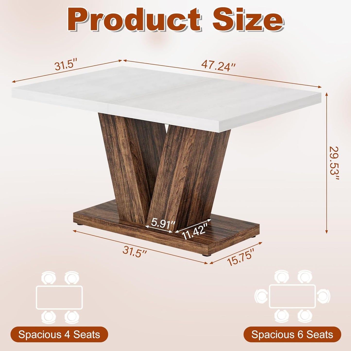 47 Inch Dining Table for 4, Farmhouse Dinner Table Wooden Kitchen Tables with Heavy Duty Pedestal for Dining Room, Kitchen, Living Room, White & Black