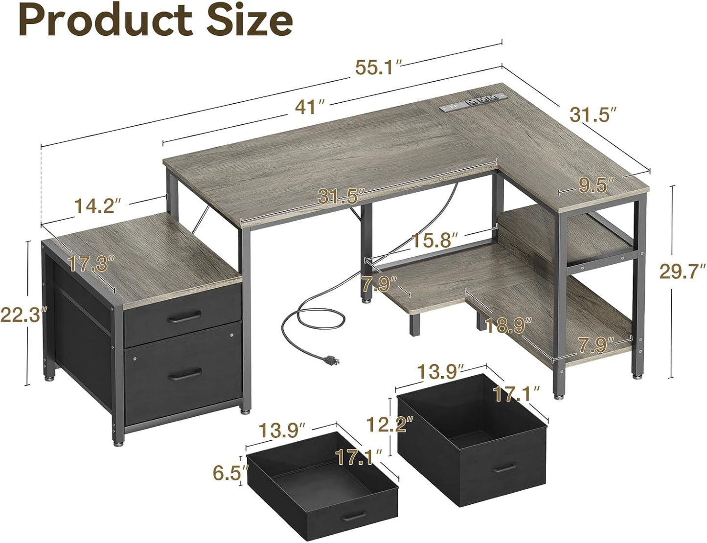 Casaottima L Shaped Desk with Drawers & File Cabinet, Computer Desk with Storage Shelves & CPU Stand, Corner Desk with Power Outlets, Reversible L Desk for Home Office, Grey