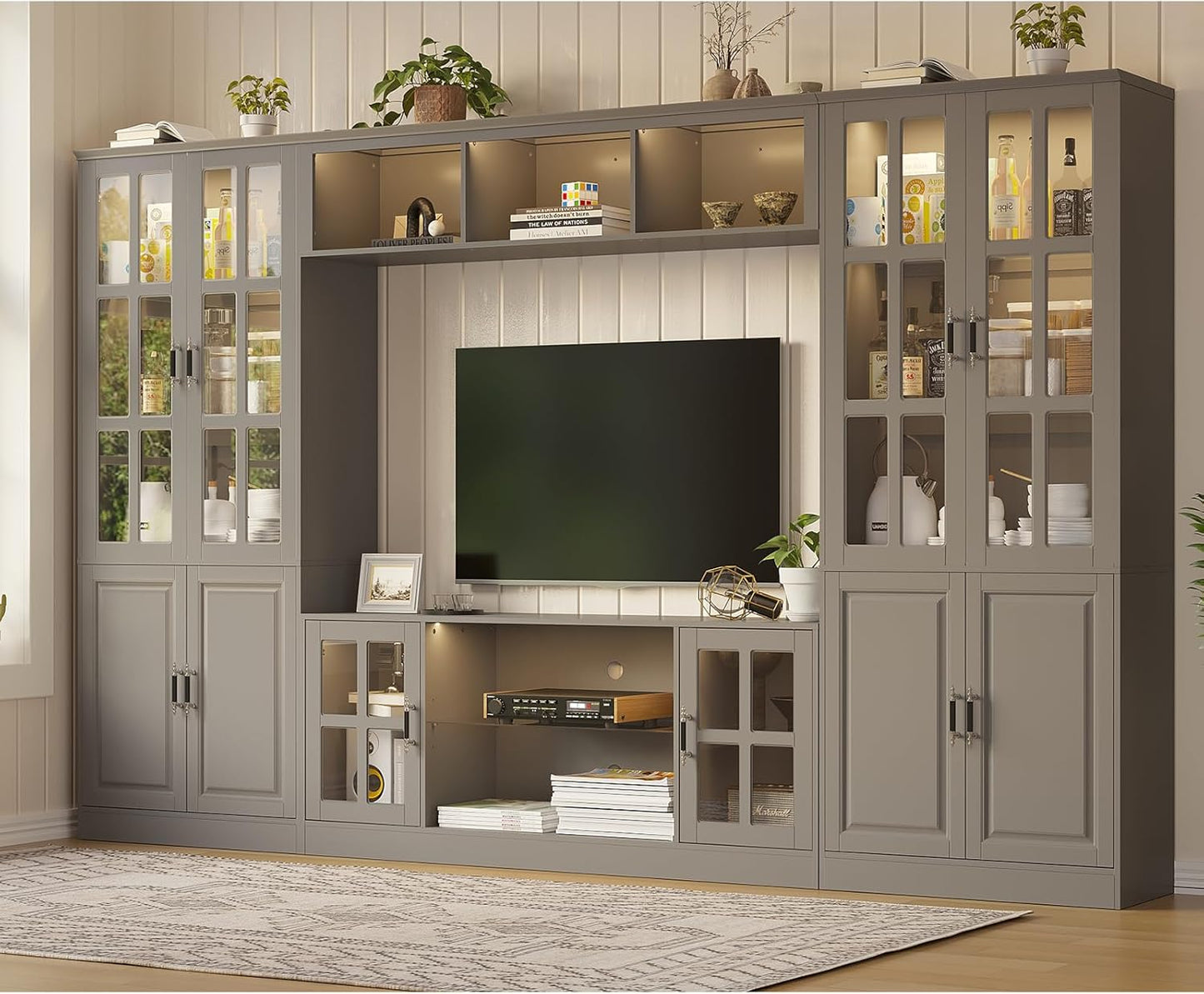 4-Piece Wall Unit TV Stand with Storage & LED Lights for TVs up to 75", Modern Entertainment Center with Bookshelves & 4-Door Pantry Cabinet, Gray