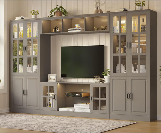4-Piece Wall Unit TV Stand with Storage & LED Lights for TVs up to 75", Modern Entertainment Center with Bookshelves & 4-Door Pantry Cabinet, Gray