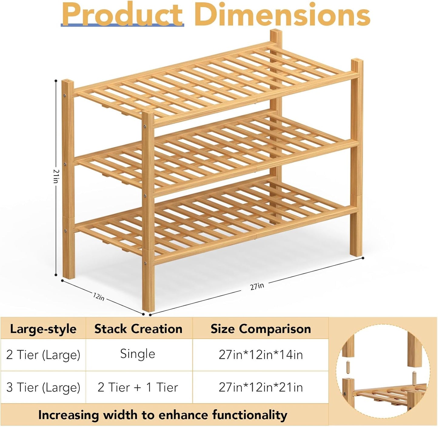 Haddockway Large 3 Tier Bamboo Shoe Rack Storage Organizer,Multifunctional Free Standing Stackable Shoe Shelf with Grid Panel for Closet,Hallway,Entryway,Small Space 27"x12"x21"(Natural, 3-Tier Large)