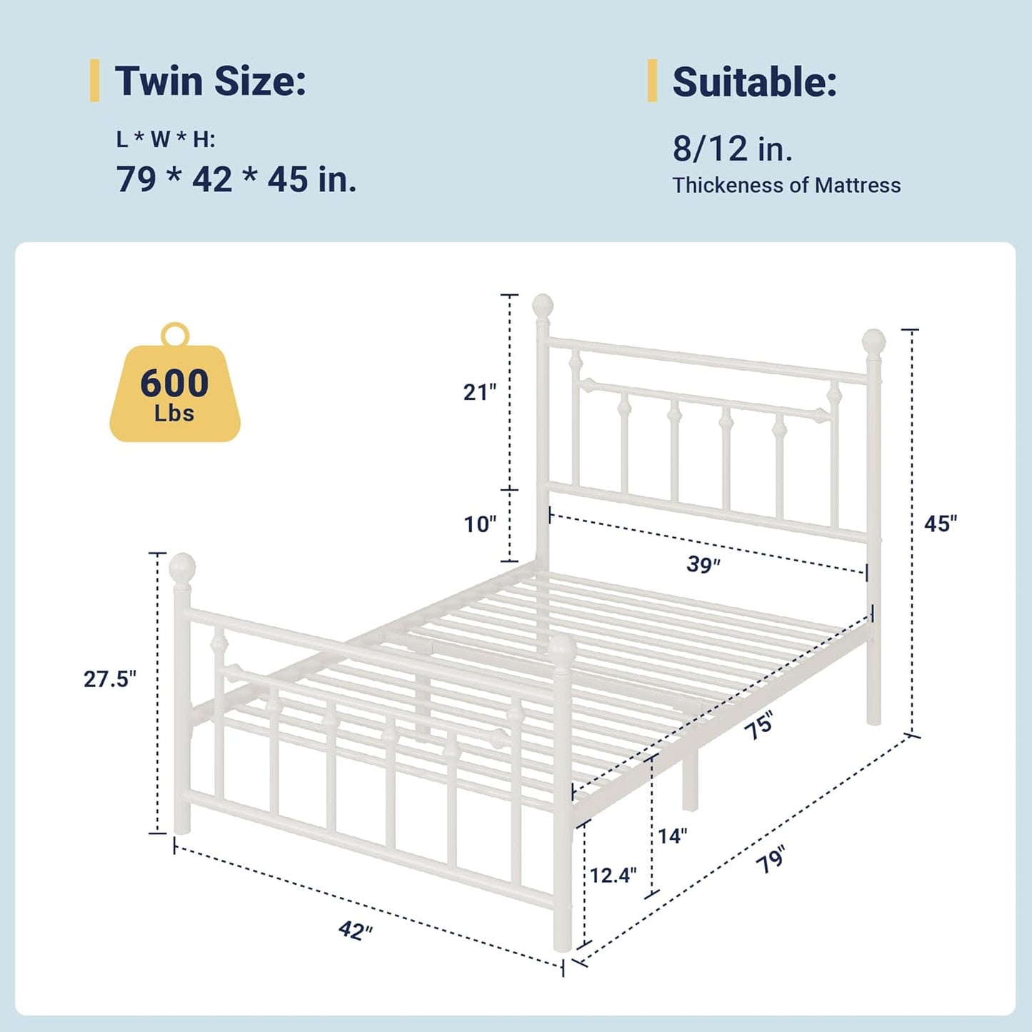 Allewie 14 Inch Twin Size Metal Platform Bed Frame with Victorian Vintage Headboard and Footboard/Mattress Foundation/Under Bed Storage/No Box Spring Needed/Easy Assembly/Noise Free/White