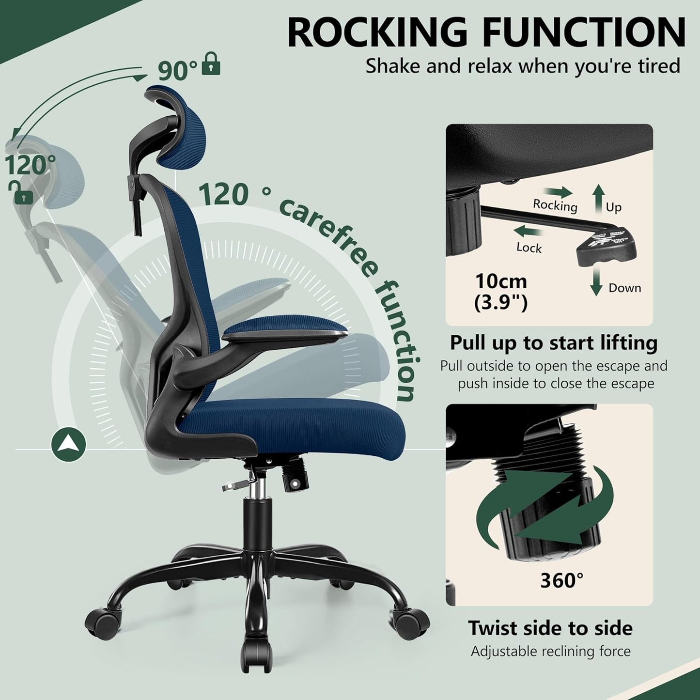 FelixKing Ergonomic Office Desk Chair with Headrest, Wheels, Adjustable Lumbar Support and Height, Swivel Comfy Task Chair with Flip-up Armrests, Ergo Mesh Backrest for Working (Navy)