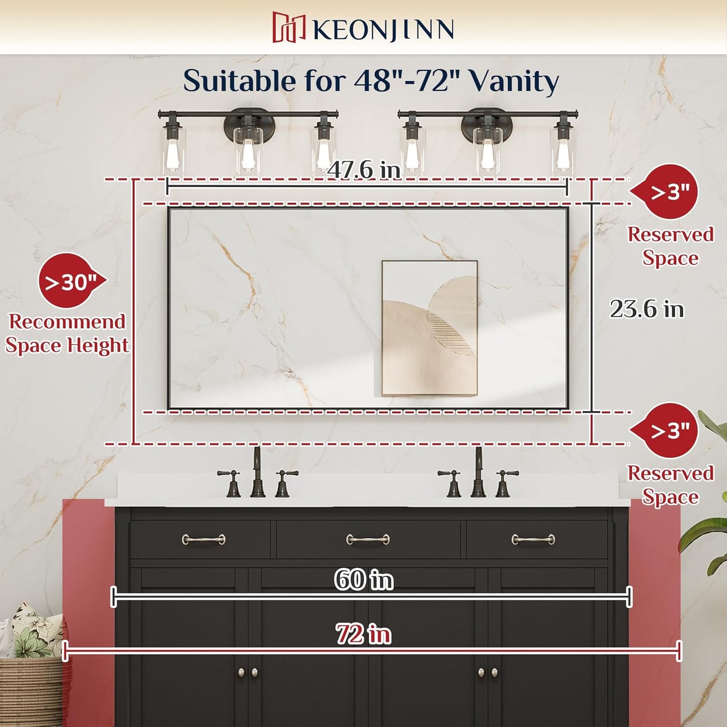 Keonjinn 48 x 24 in Brushed Silver Bathroom Vanity Mirror Rectangular Metal Framed Mirror for Wall Modern Farmhouse Rectangle Mirror Decorative Silver Mirror for Bathroom Sink(Horizontal/Vertical)