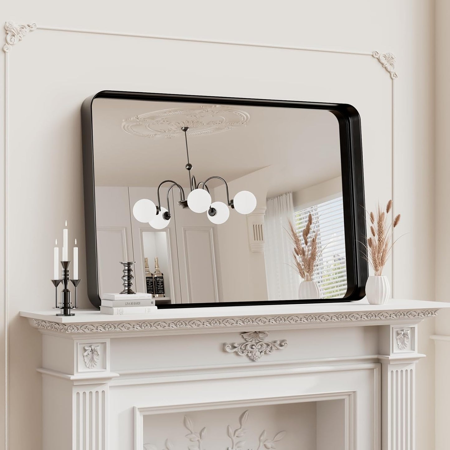 Koonmi Black Wall Mirror for Bathroom, 24x36 Inch Matte Deep Framed Rounded Rectangle Vanity Mirror for Farmhouse Living Room, Tempered Glass, Anti-Rust, Vertically or Horizontally