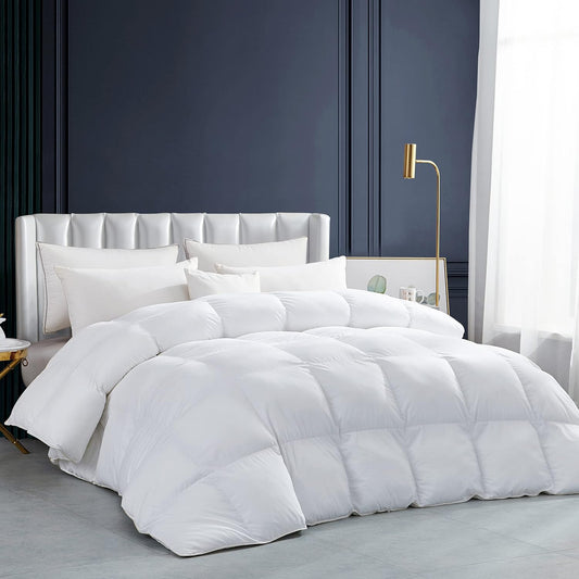 Luxurious White Solid Heavy Weight, Queen Size Goose Feathers Down Comforter for Winter Weather Duvet Insert, Premium Baffle Box, 100% Egyptian Cotton Cover, 65 oz. Fill Weight