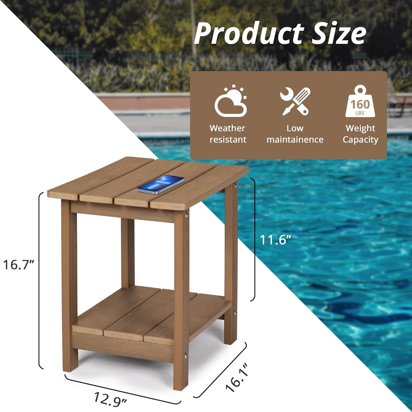 LUE BONA Adirondack Outdoor Side Table, 2-Tier Brown-Oil HDPS Patio End Table Weather Resistant, Morden Side Table for Patio, Pool, Porch
