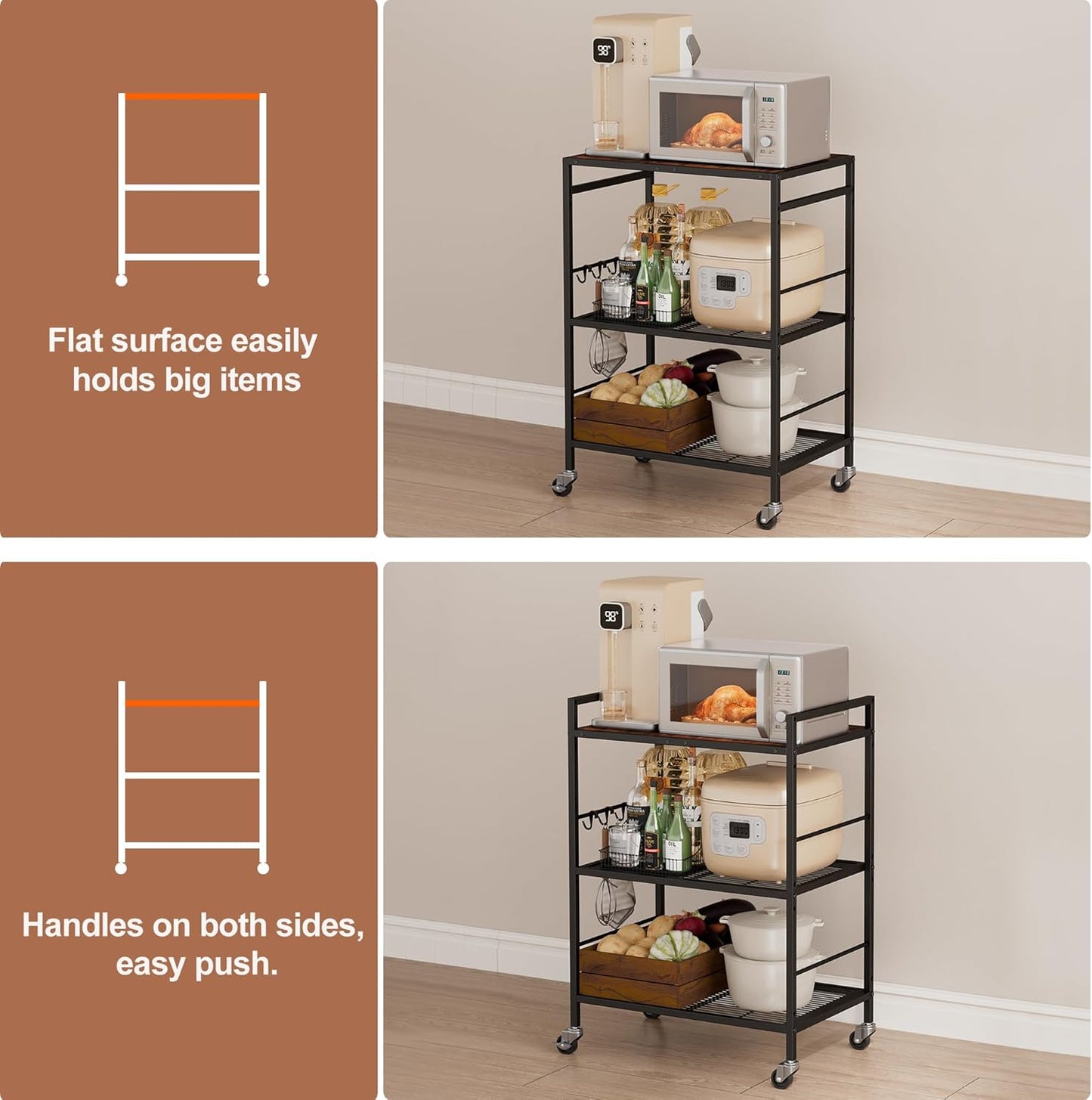 3-Tier Kitchen Cart with Adjustable Shelves - Microwave Storage Cart & Utility Rolling Organizer, Industrial Wheels for Small Spaces, 15.7"x23.6"x33.7" Kitchen Office Living Room Metal Rack