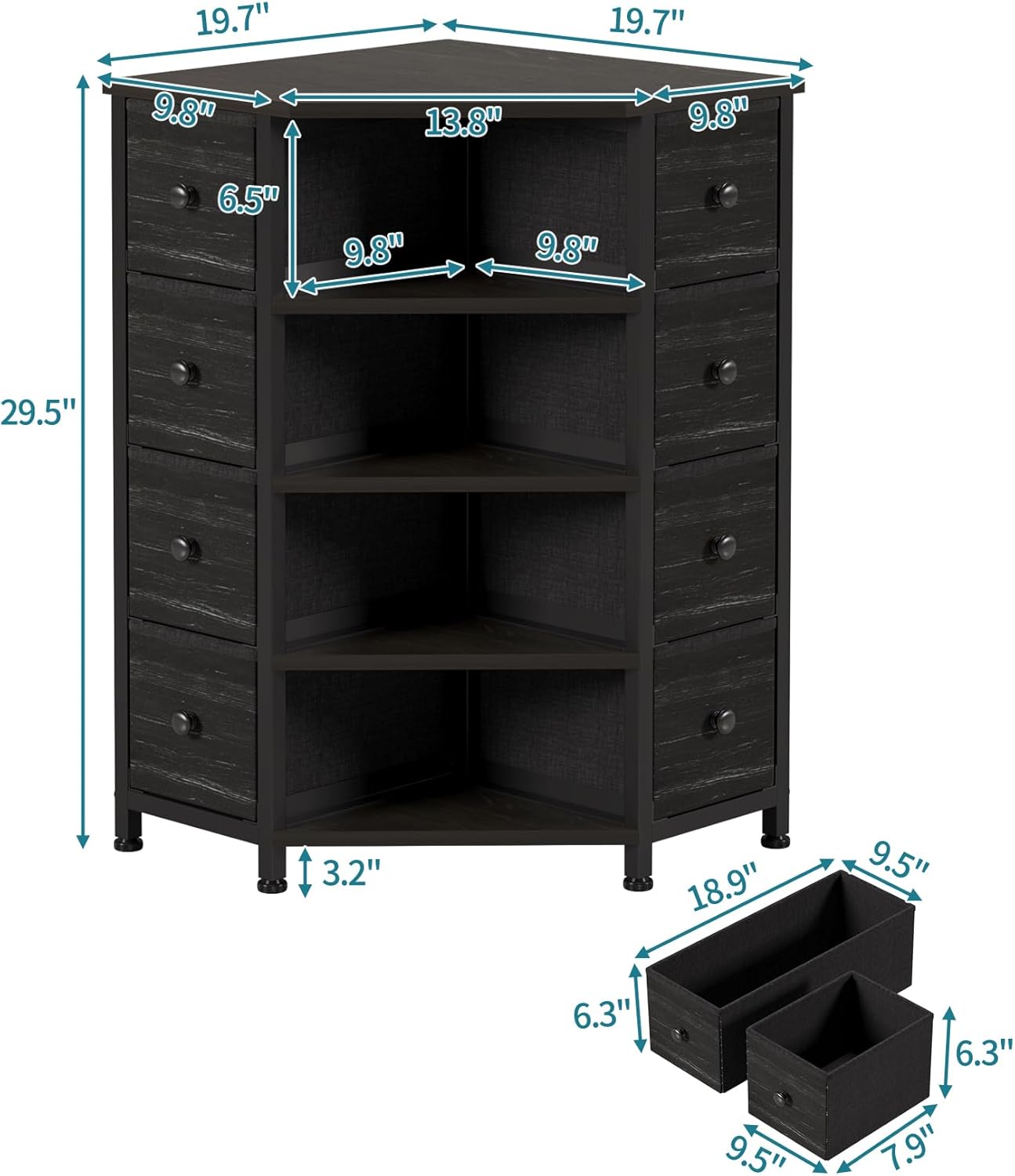 LUMTOK 8 Drawers Corner Dresser with Storage Fabric Drawers and Open Shelves for Small Space，Bedroom，Entryway，Living Room (Black Wood Veins)