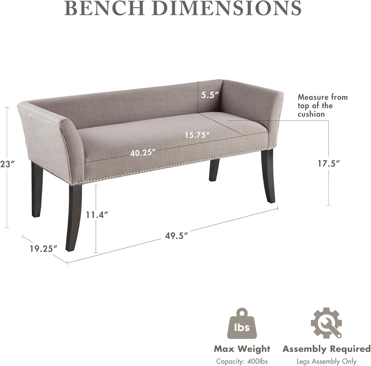 Madison Park Accent Bench, Upholstered with Nailhead Trim, & Padded Seat Entryway Bench Small, End of Bed Bench with Back, 49.5" W x 19.25" D x 23" H, Grey