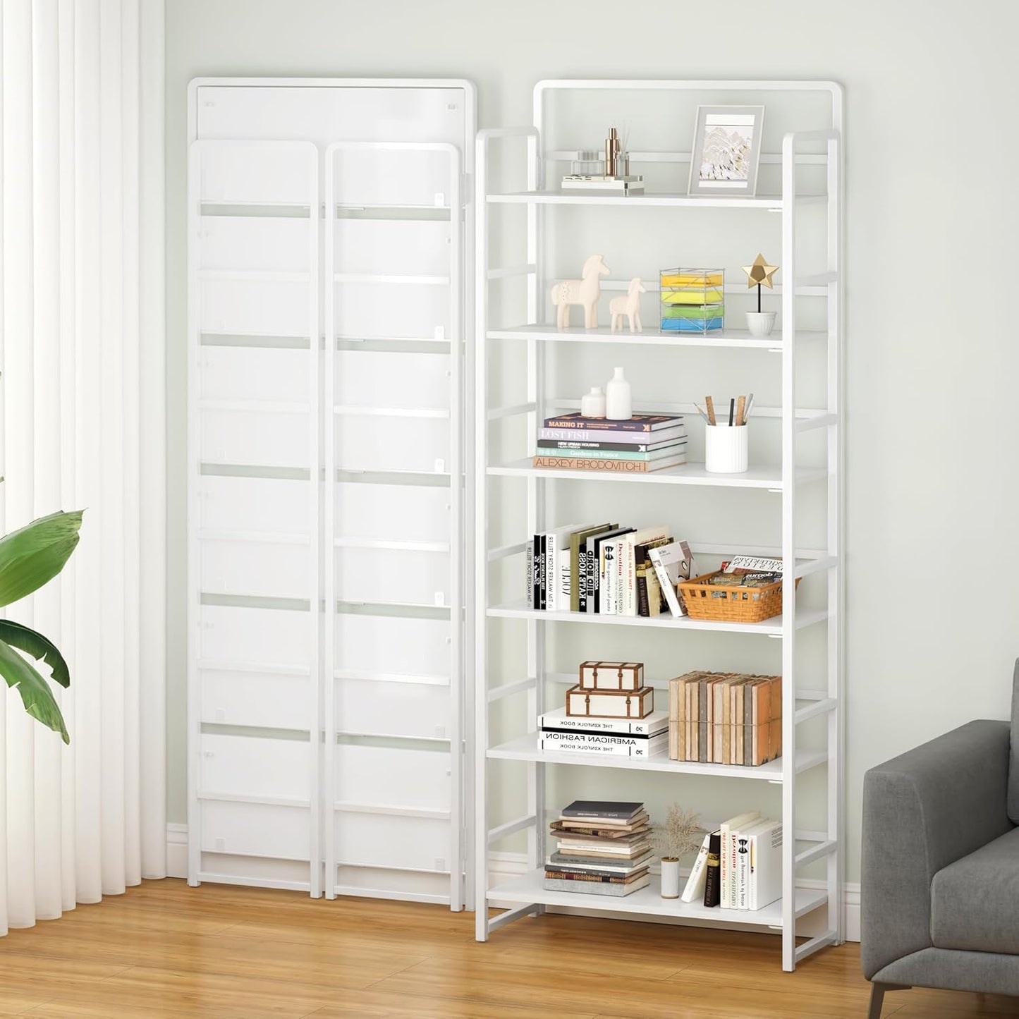 4NM No-Assembly 6 Tiers Folding Bookshelf Storage Shelves Vintage Bookcase Standing Racks Study Organizer Home Office (All White)