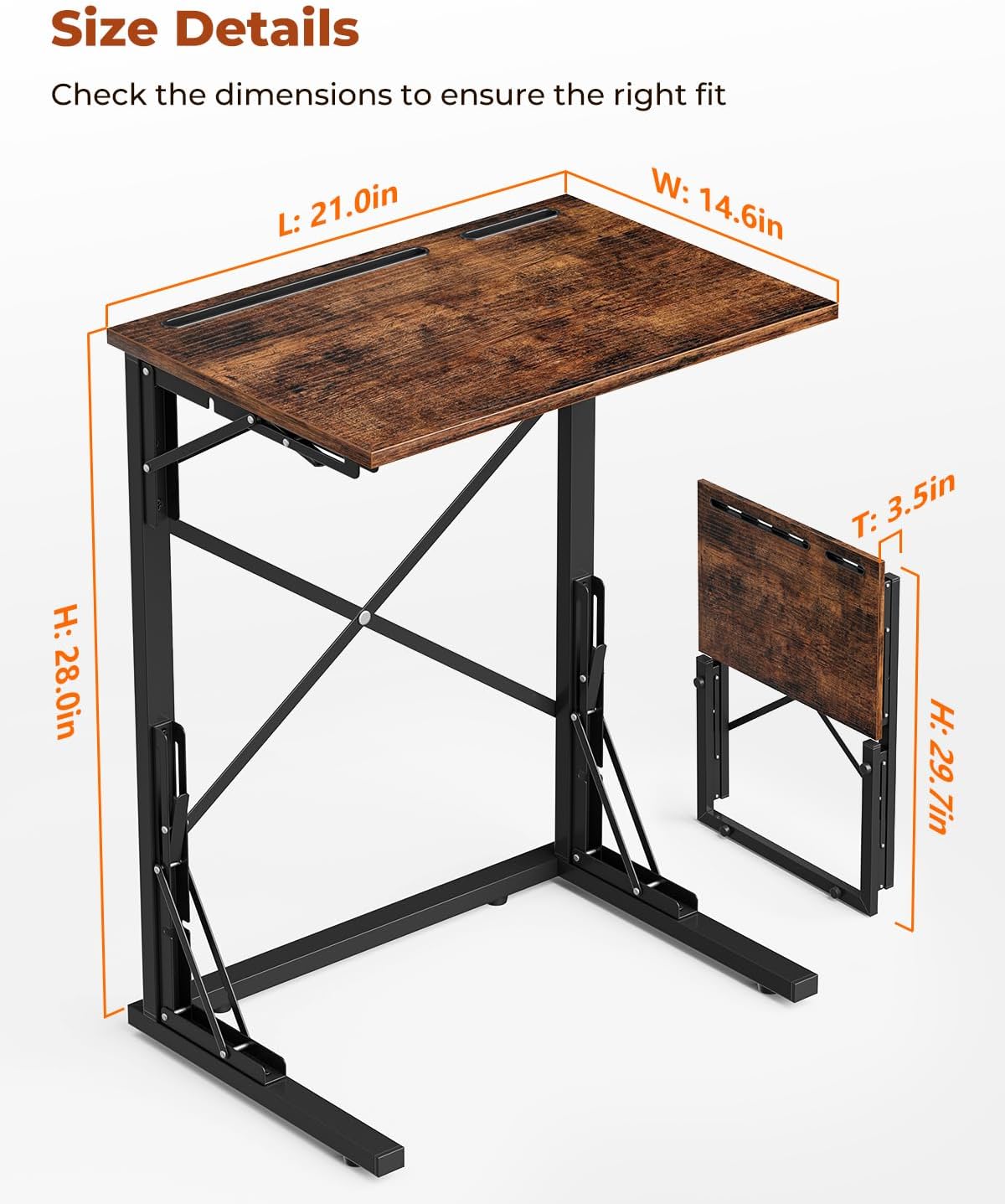 21''Wx28''H Folding TV Tray for Eating, Small Foldable C-Shaped Tray Table with Tablet and Phone Slots, Slide Under Couch Side Table for Recliner, Living Room, Bedroom, Rustic Brown