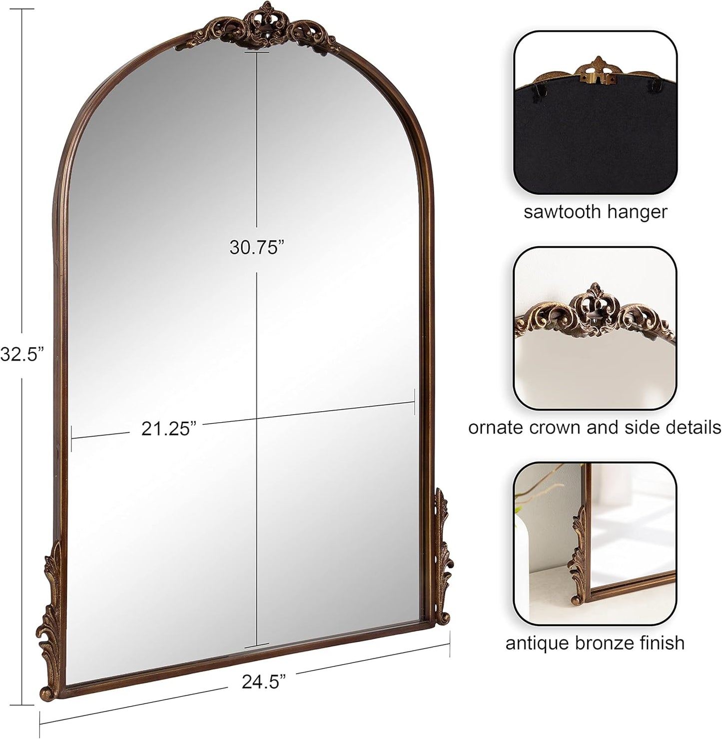 Kate and Laurel Myrcelle Traditional Arched Mirror; 25 x 33; Bronze; Decorative Vintage Arch Mirror with Ornate Garland Detailing Along The Crown and Edges of The Frame