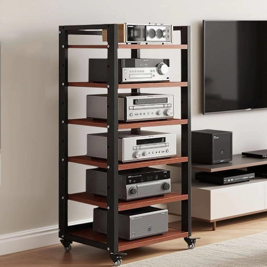 6 Tier Audio Rack Tower, CD Record Player Stereo Receiver AV Equipment Cabinet Display Rack, Weight capacity 661 lbs, with Adjustable Wooden Shelves for Home (TEAKWOOD, 6 TIER 47×19.7×15.7IN)