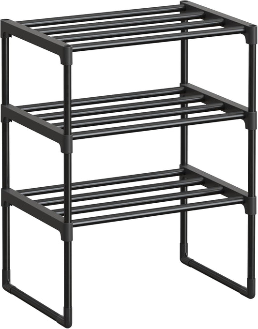 SONGMICS Shoe Rack, 3-Tier Shoe Organizer, Metal Storage Shelf, Upright or Upside Down, for 4-8 Pairs, Stackable, for Entryway, 11.8 x 16.7 x 21.5 Inches, Black ULSA003B01
