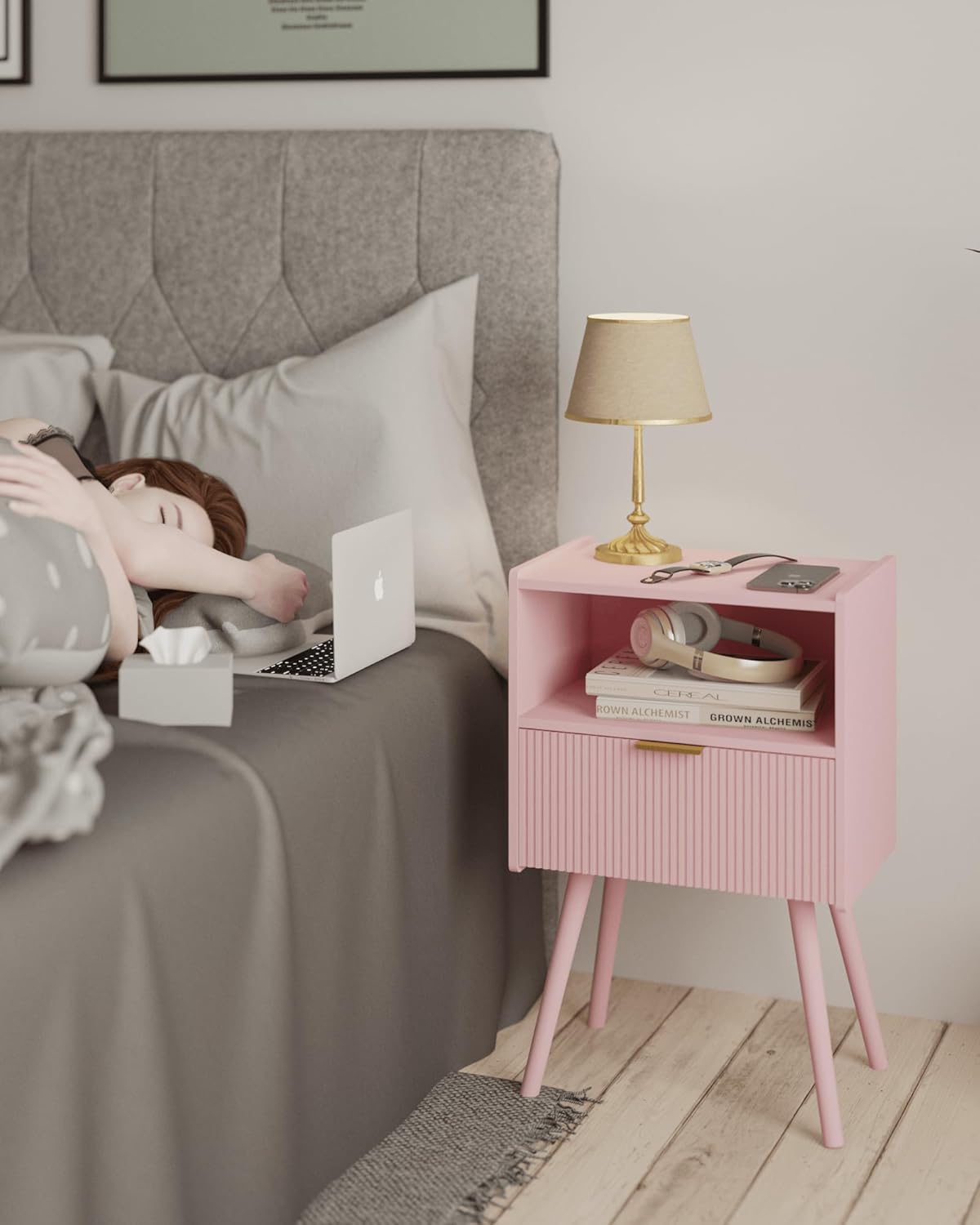 Nightstand,Modern Bedside Table with Storage Drawer and Open Wood Shelf, for Living Room, Bedroom and Small Spaces, Accent Night Stand with Solid Wood Legs, Easy Assembly,Classic Pink