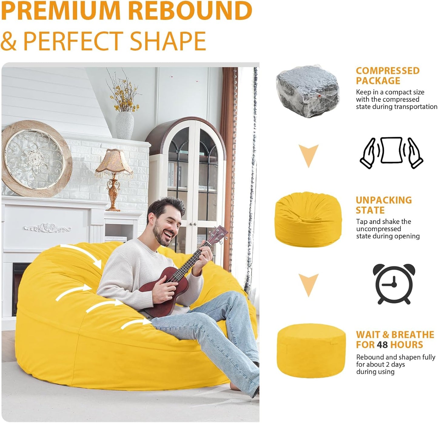 5FT Bean Bag Chair, Large Bean Bag Chairs with Memory Foam Filled, Fluffy Beanbag Sofa with Dutch Velvet Cover, Round BeanBag Chairs for Living Room, Playroom - Lemon