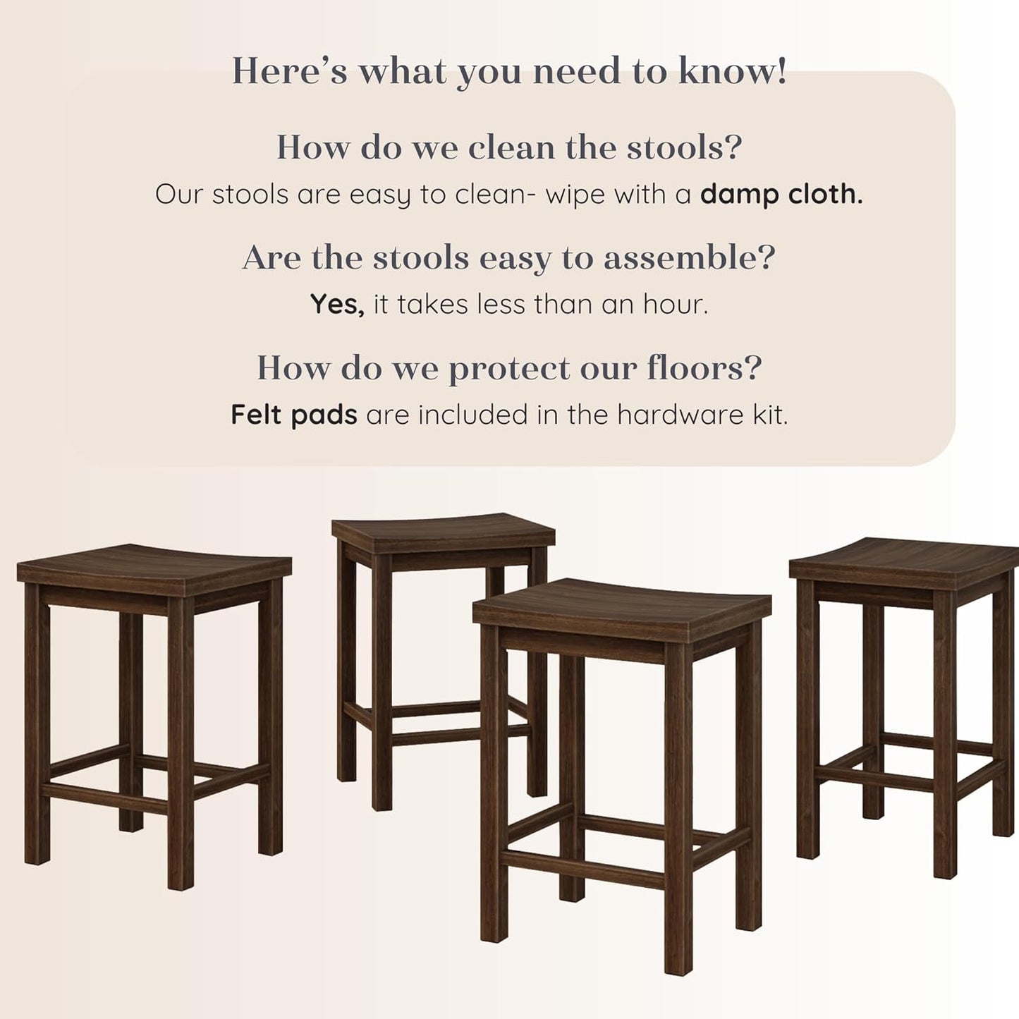 Grain & Grove Smith Collection Set of 4 Solid Wood Counter Height Bar Stools, 24-Inch Saddle Seat Backless Stools, Ideal for Kitchen Island, Dining, or Home Bar Seating, Walnut