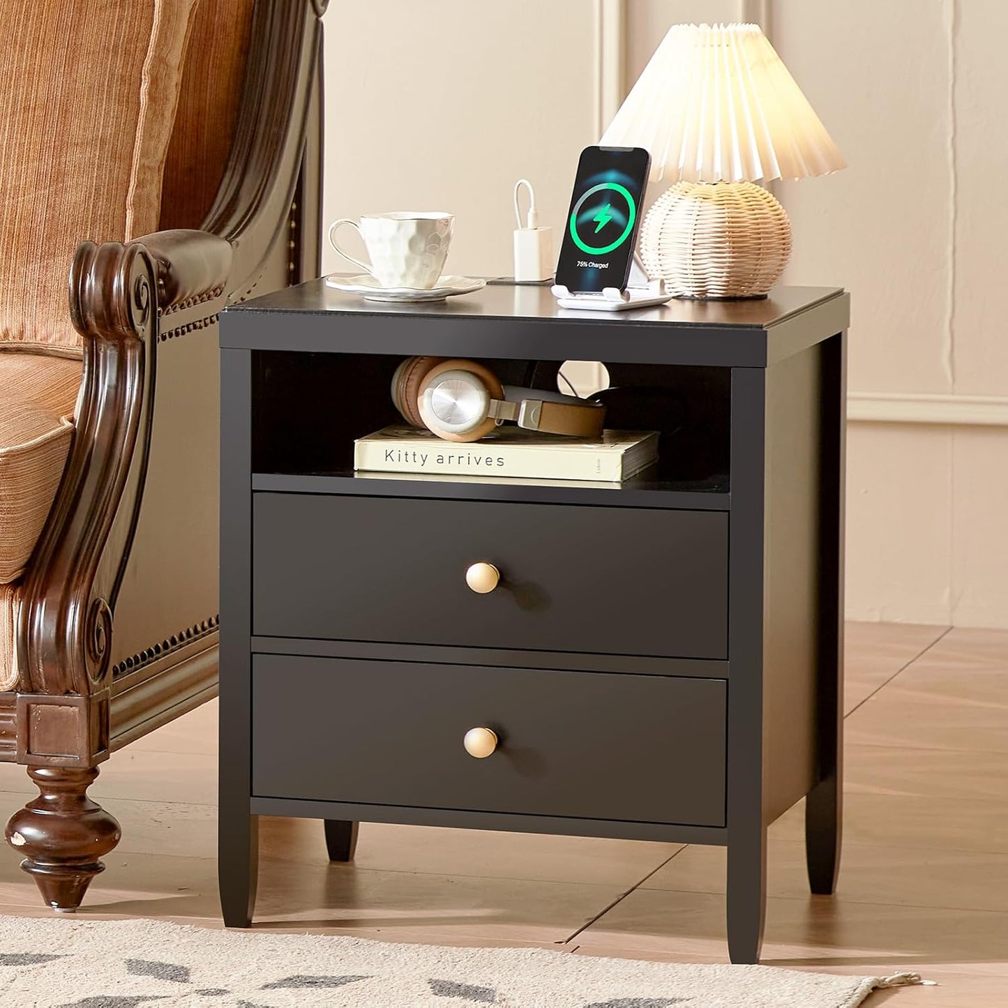 Huuger Nightstand with Charging Station, Black Nightstand with 2 Drawers, Bed Side Table for Bedroom, Bedside Table with Storage, Modern Nightstands, Metal Knobs, Painted Surface