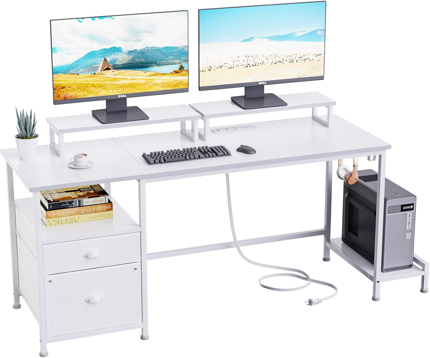 Furologee 55" Computer Desk with File Cabinet and Power Outlets, Home Office Desk with 2 Monitor Stands and Storage Drawer, Writing Gaming Table with Shelves and 2 Hooks for Bedroom, White