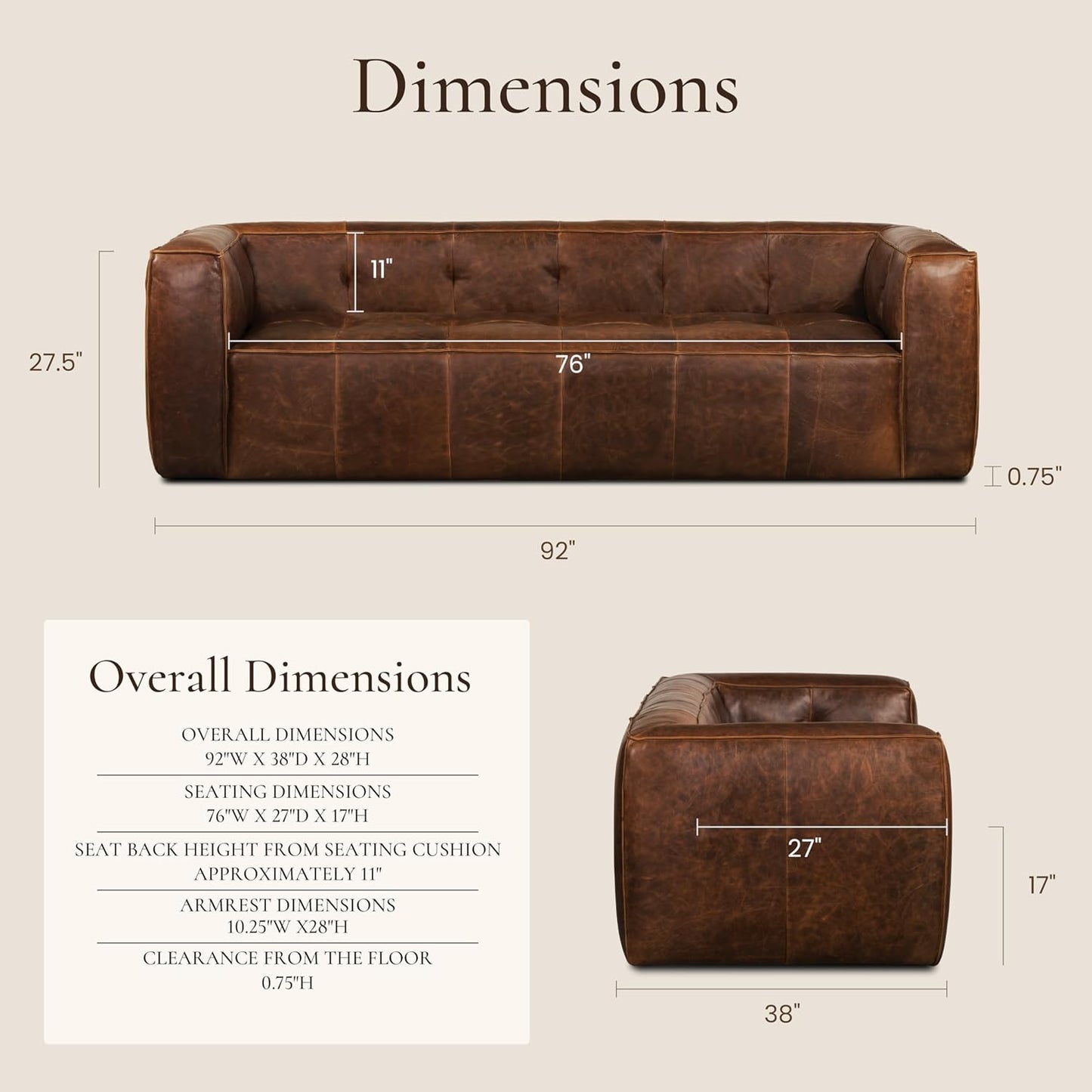 Poly & Bark Capa Leather Couch - 92 Inch Sofa - Pure-Aniline Leather Sofa for Living Room with French Seam Details - Living Room Couch - Full-Grain Vintage Italian Leather in Chocolate Brown
