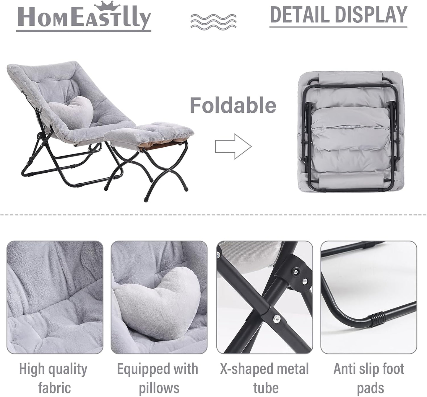 Comfy Saucer Chair with Ottoman, Oversized Folding Faux Fur Chair Soft Furry Lounge Lazy Chair with Metal Frame Moon Chair Accent Chair for Bedroom, Living Room, Dorm Rooms, Grey