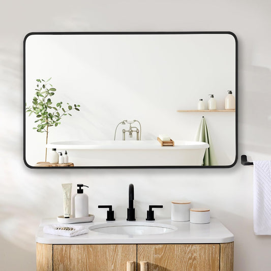27x40 Inch Rectangle Bathroom Mirror with Black Metal Frame, Rounded Corner Rectangular Vanity Mirror for Wall, Modern Large for Bedroom, Living Room, Horizontal or Vertical
