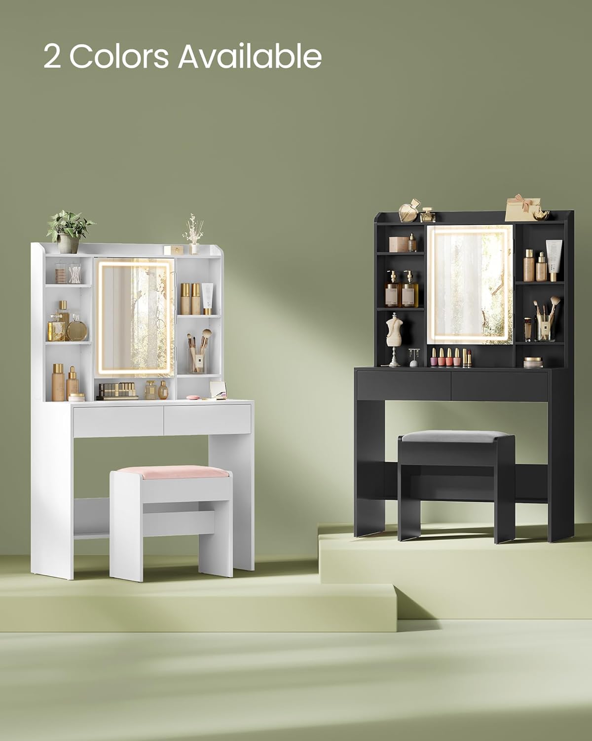 VASAGLE Vanity Desk with Mirror and Lights, Makeup Vanity with Upholstered Vanity Stool, Dimmable LED Lights, Adjustable Shelves, 7 Compartments, 2 Drawers, for Bedroom, Ink Black URDT131B01