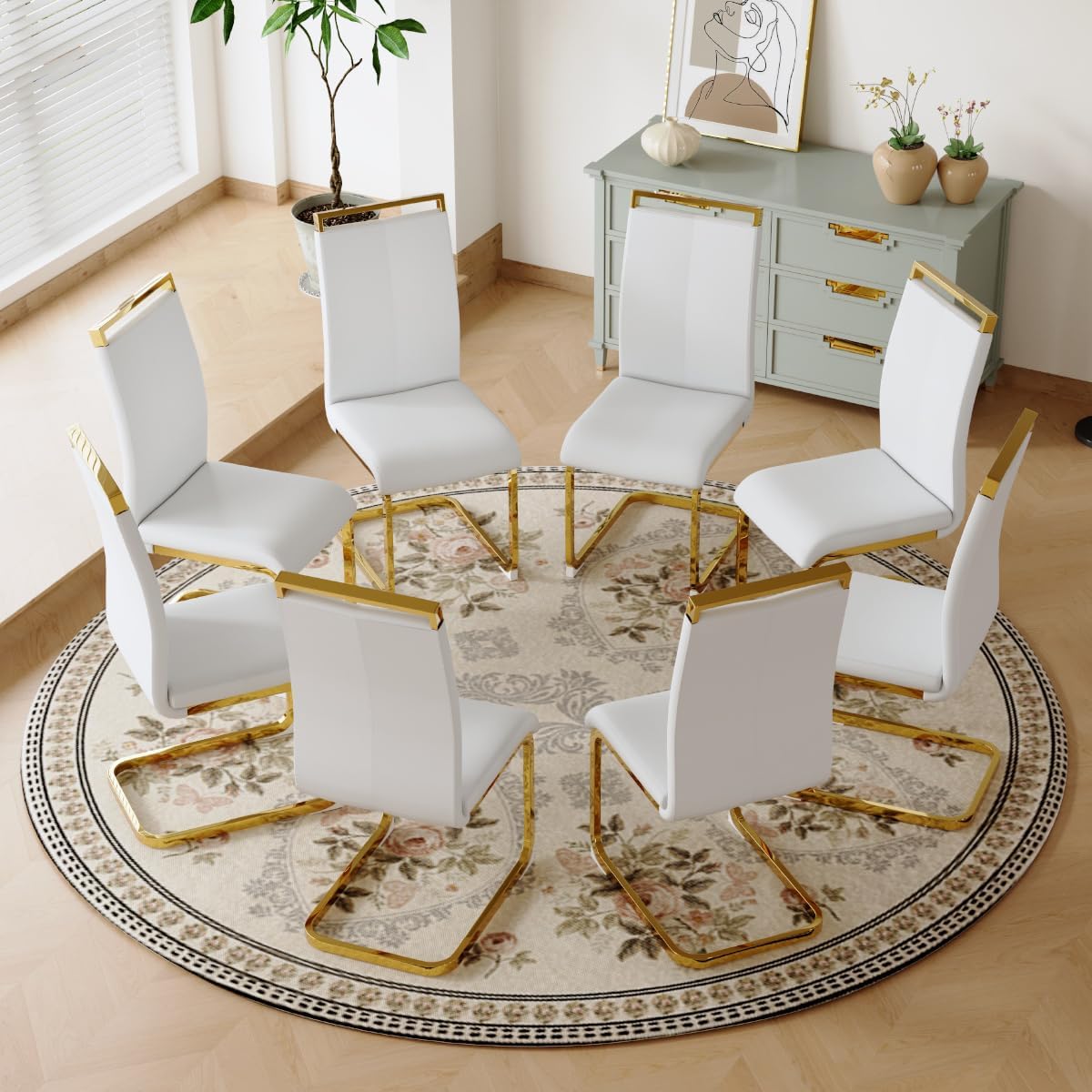 Dining Chairs Set of 8, Faux Leather with Plated Chrome Metal Frame, Modern Kitchen Chairs with Padded Seat High Back for Dining Room, Kitchen, Living Room