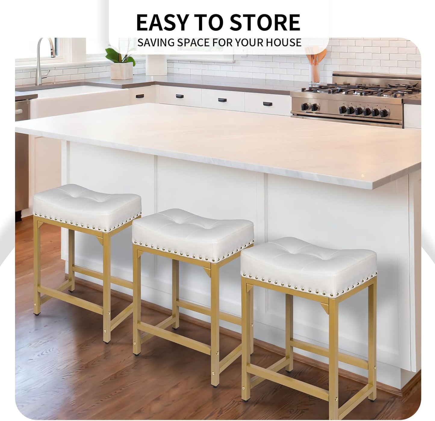 White & Gold Counter Height Bar Stools Set of 3, 24" Bar Stools for Kitchen Island, Modern Counter Stool Set of 3 Backless Saddle Barstools for Kitchen Dining Room White Gold