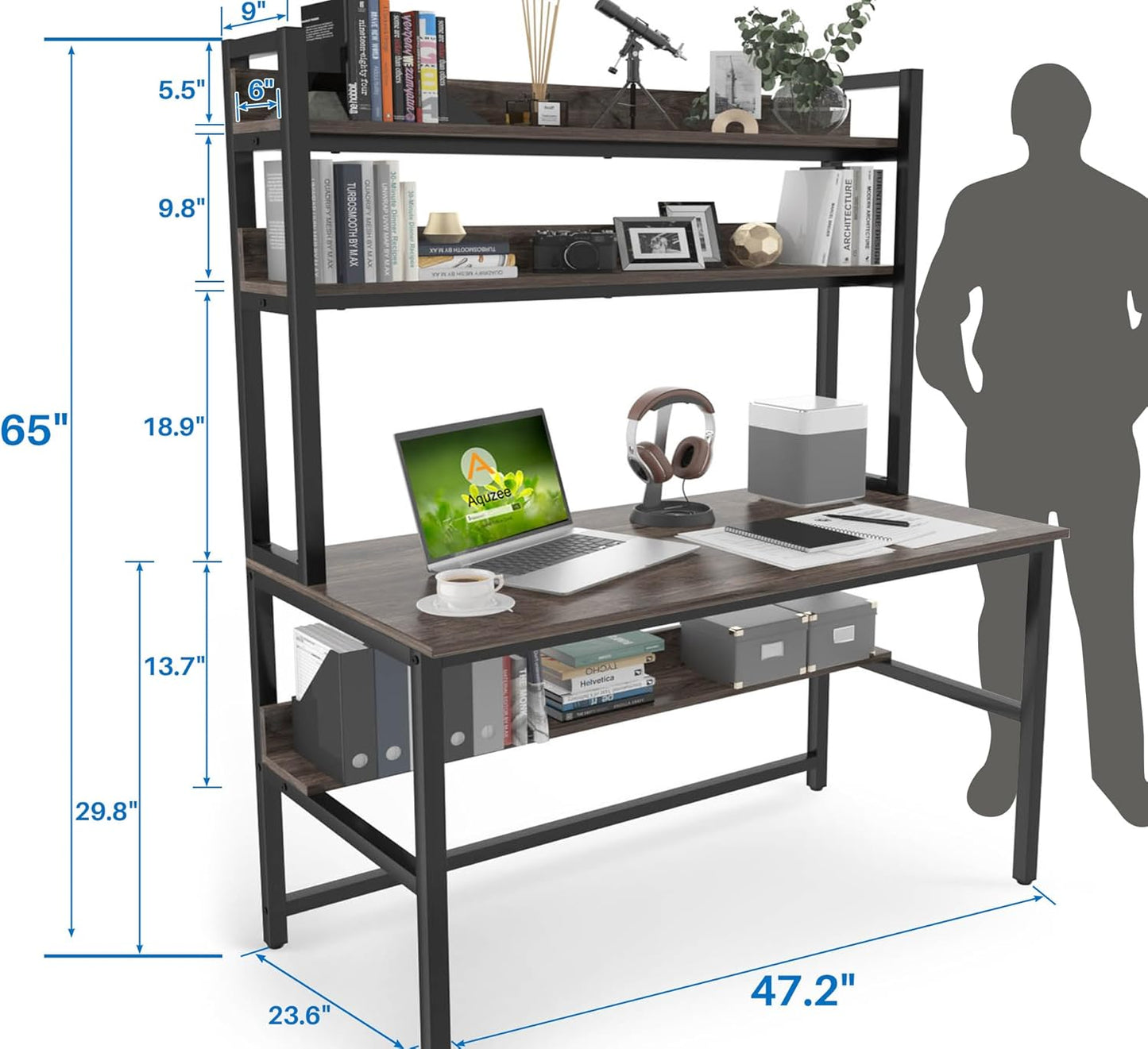 Aquzee Desk with Hutch Bookshelves, Computer Desk with 3 Tiers Storage Shelves, Space Saving Design Black Metal Legs Desk with Grey Board, Easy Assemble