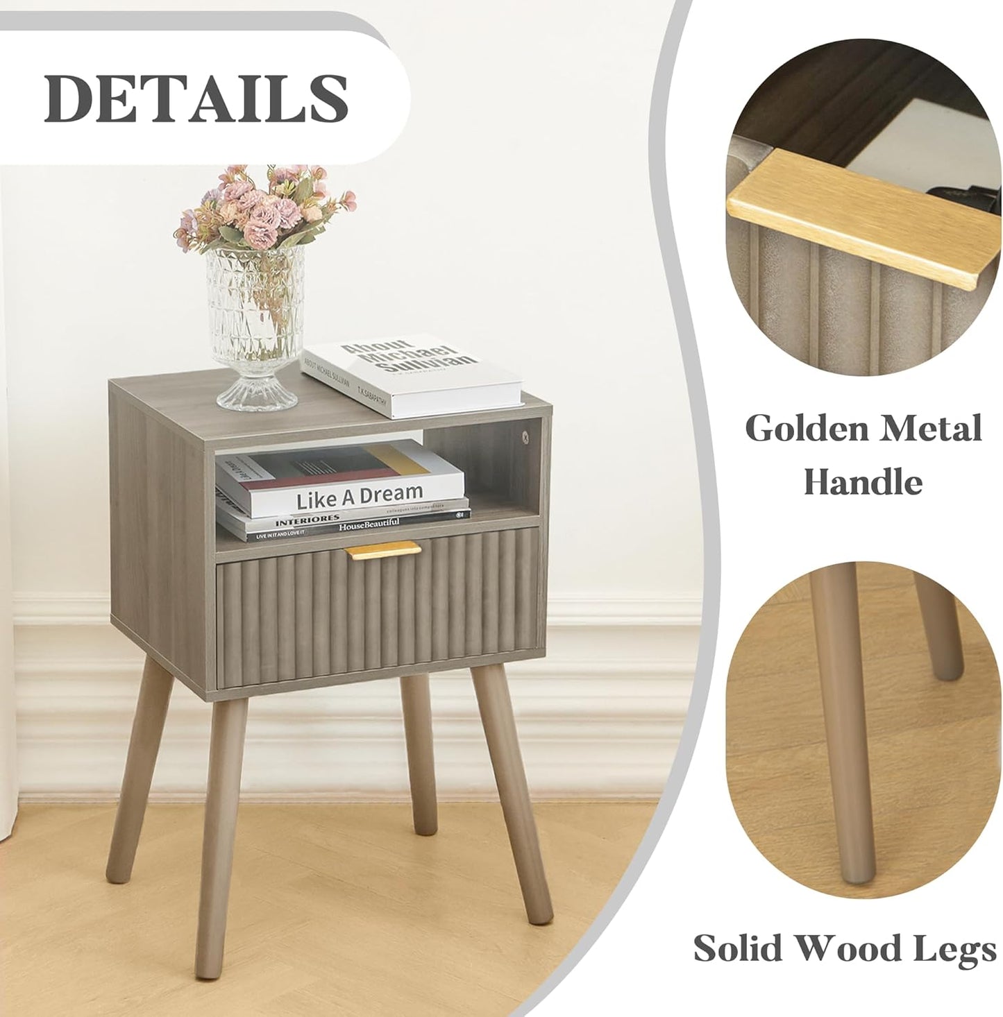 Grey Nightstand, Modern Night Stand Wood, Fluted Bedside Table with Solid Wood Legs for Bedroom, Dorm and Small Space (Grey)