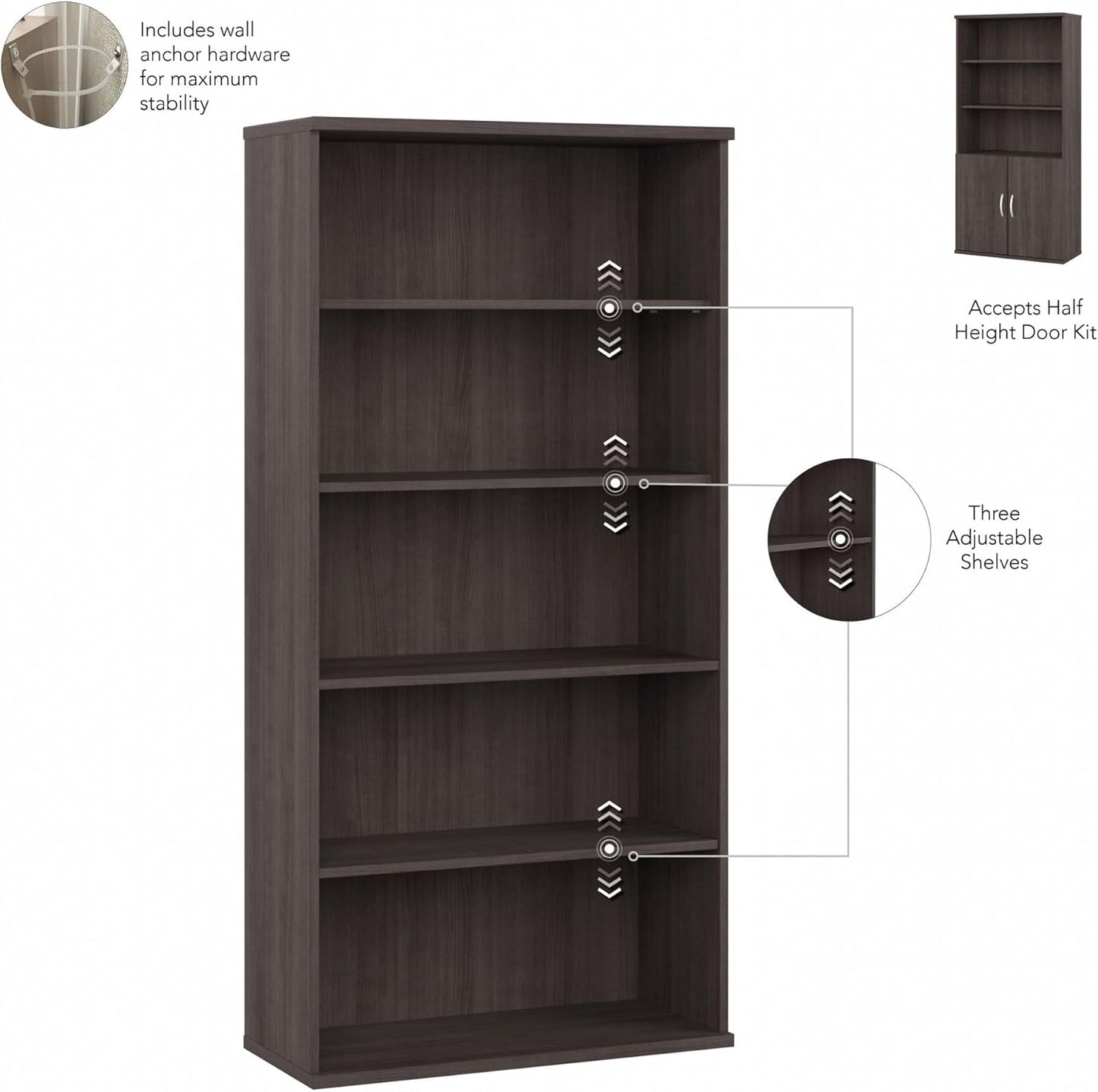 Bush Business Furniture Studio C Tall 5 Shelf Bookcase in Storm Gray, Large Bookshelf for Home or Professional Office