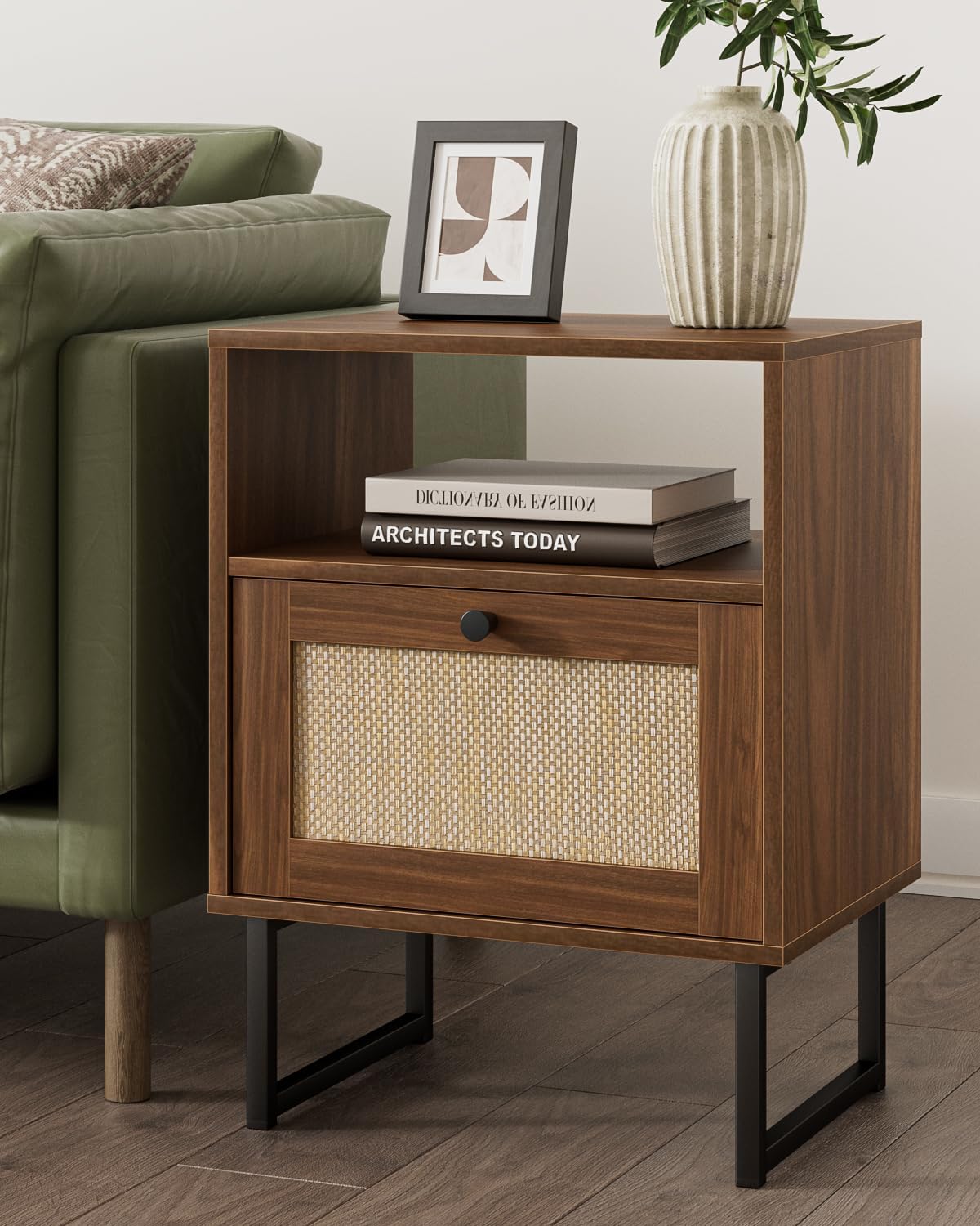 Masupu Extra Large Rattan Nightstand,Modern Boho Farmhouse Wood Bedside Table with Storage Drawer and Open Shelf, Black Frame Side End Table for Bedroom,Living Room,Office (Walnut)