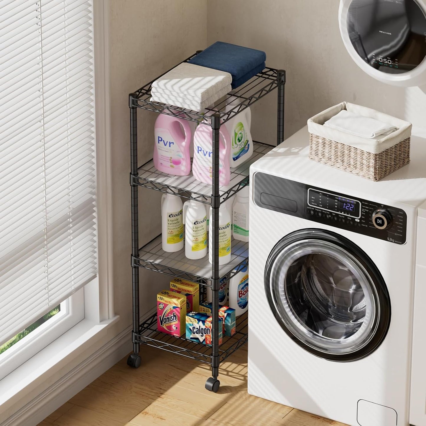 SINGAYE 4 Small Shelves Storage Shelf Wire Shelving Unit Metal Shelf Adjustable Organizers Storage Shelving with Wheels for Bathroom Laundry Room Kitchen Pantry11.5”D x 17.3”W x 44.5”H Black