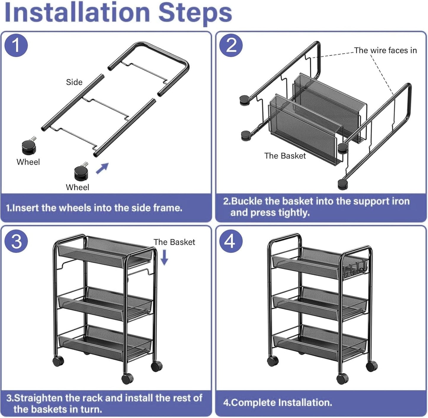 3 Tier Rolling Cart, Mesh Wire Utility Carts, Metal Storage Shelf with Wheels & 4 Side Hooks, for Laundry Room Organization, Kitchen, Living Room, Bathroom, Pantry, Dorm & Under Desk Storage