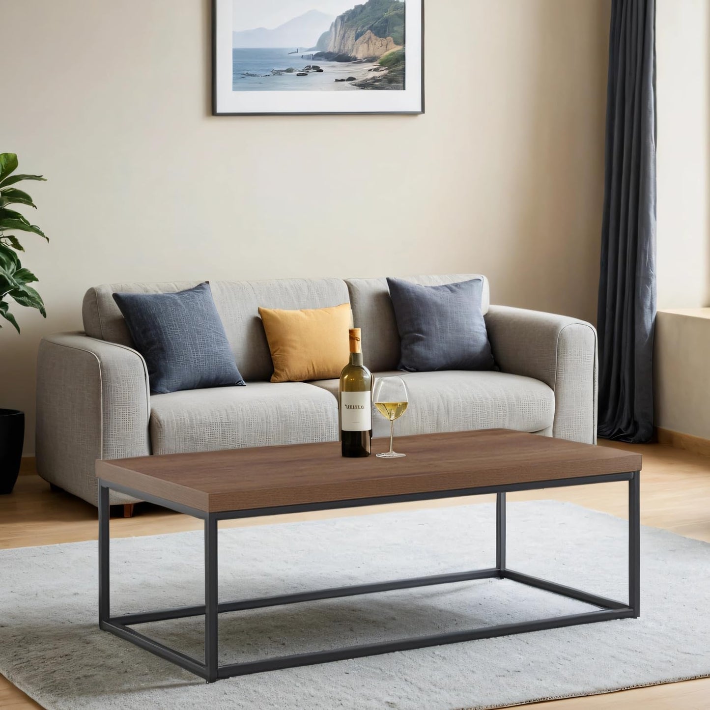 CENSI 47-Inch Dark Walnut Coffee Table for Living Room, Modern Industrial, Rectangular Wood and Metal Center Table with Extra Thick Tabletop (Dark Brown)