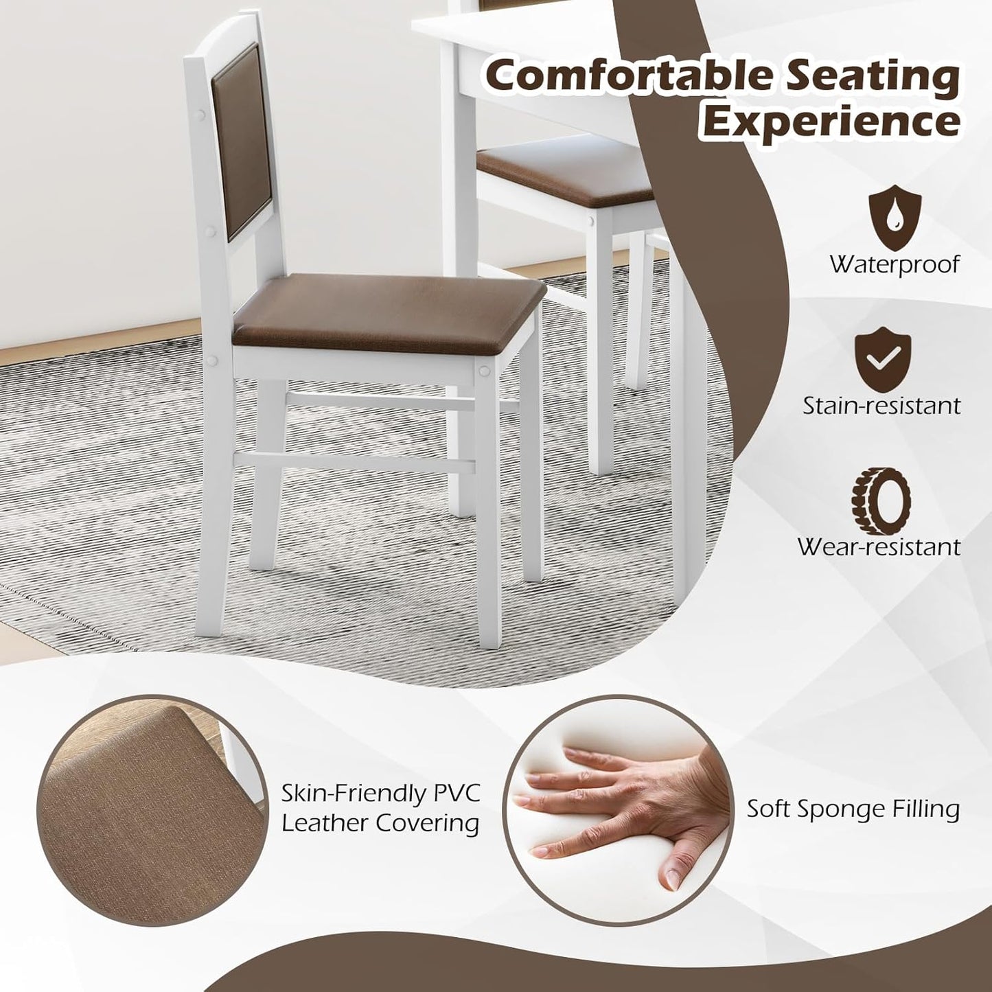 Giantex 5-Piece Dining Table Set for 4 - Breakfast Nook Table Set with Kitchen Table, 4 Upholstered Chairs, Wood Legs, Space-Saving Dinette Set, Kitchen Table Chairs Set of 4 (White+Brown)